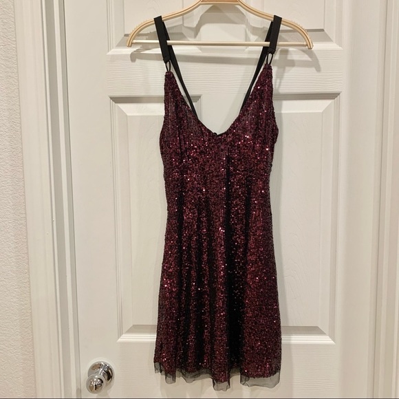 Free People Maroon Plum Gold Rush Sequin Mini Strappy Back Slip Dress - Picture 3 of 6